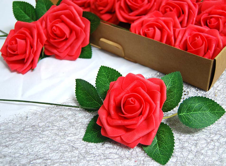Set of 25 Artificial foam Rose Flower Realistic Foam Rose with Stem for DIY Wedding Bouquets Party Decoration