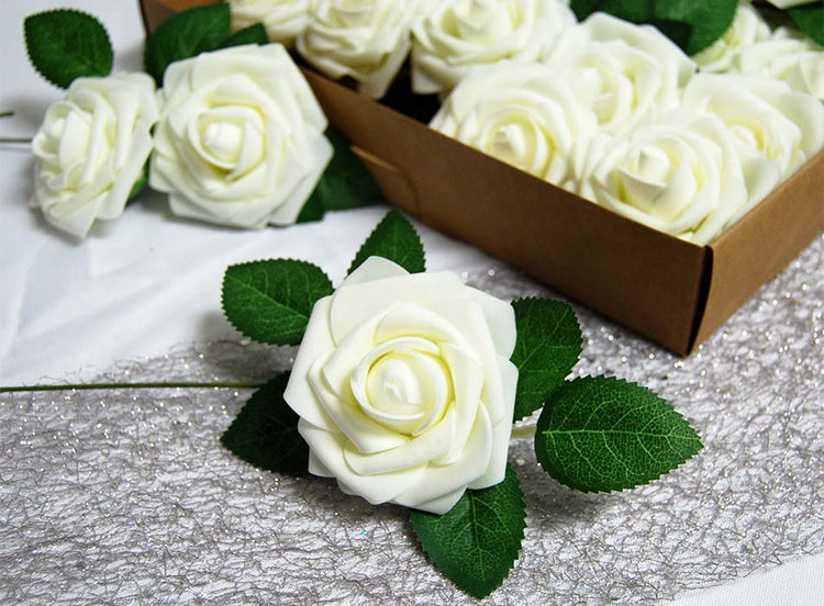 Set of 25 Artificial foam Rose Flower Realistic Foam Rose with Stem for DIY Wedding Bouquets Party Decoration