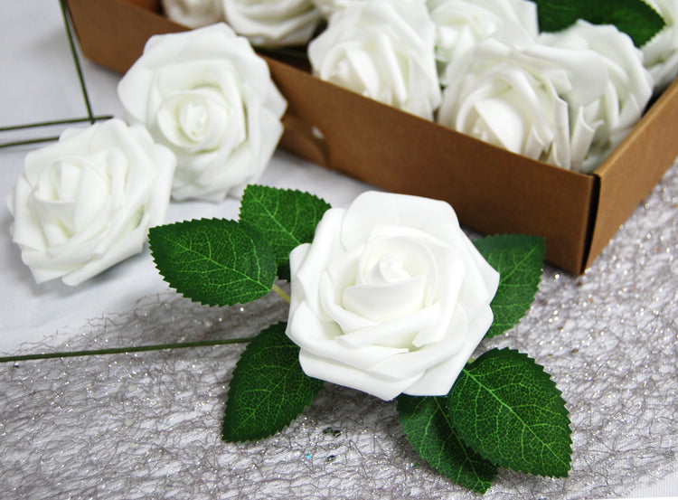 Set of 25 Artificial foam Rose Flower Realistic Foam Rose with Stem for DIY Wedding Bouquets Party Decoration