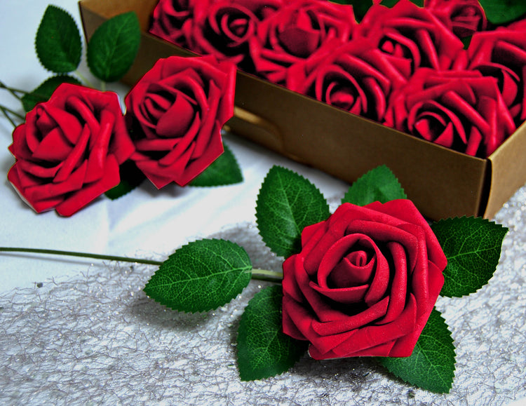 Set of 25 Artificial foam Rose Flower Realistic Foam Rose with Stem for DIY Wedding Bouquets Party Decoration